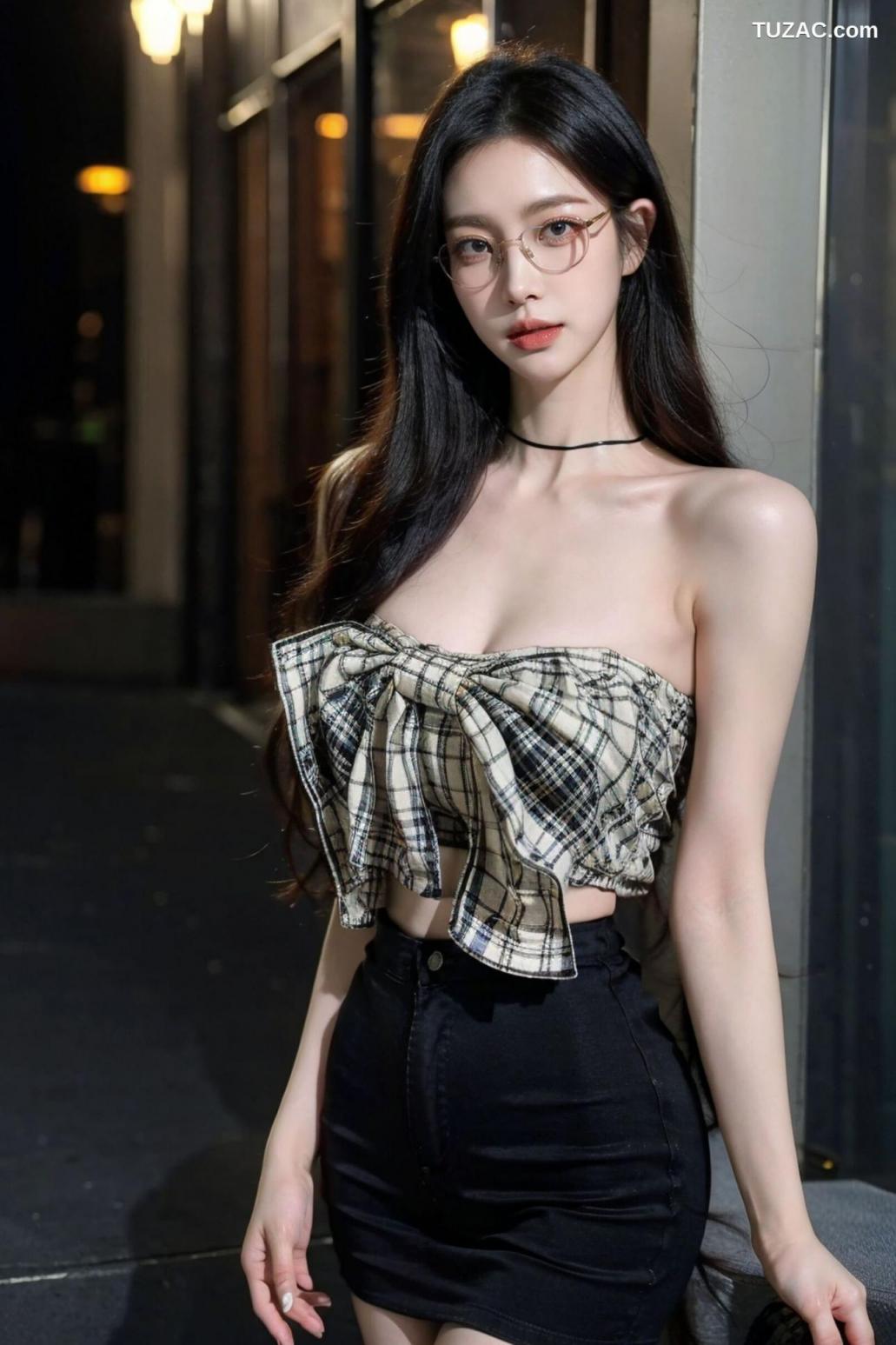 【套圖x9】AI美女-超寫實-格子蝴蝶結抹胸黑短裙美女街拍[103P]